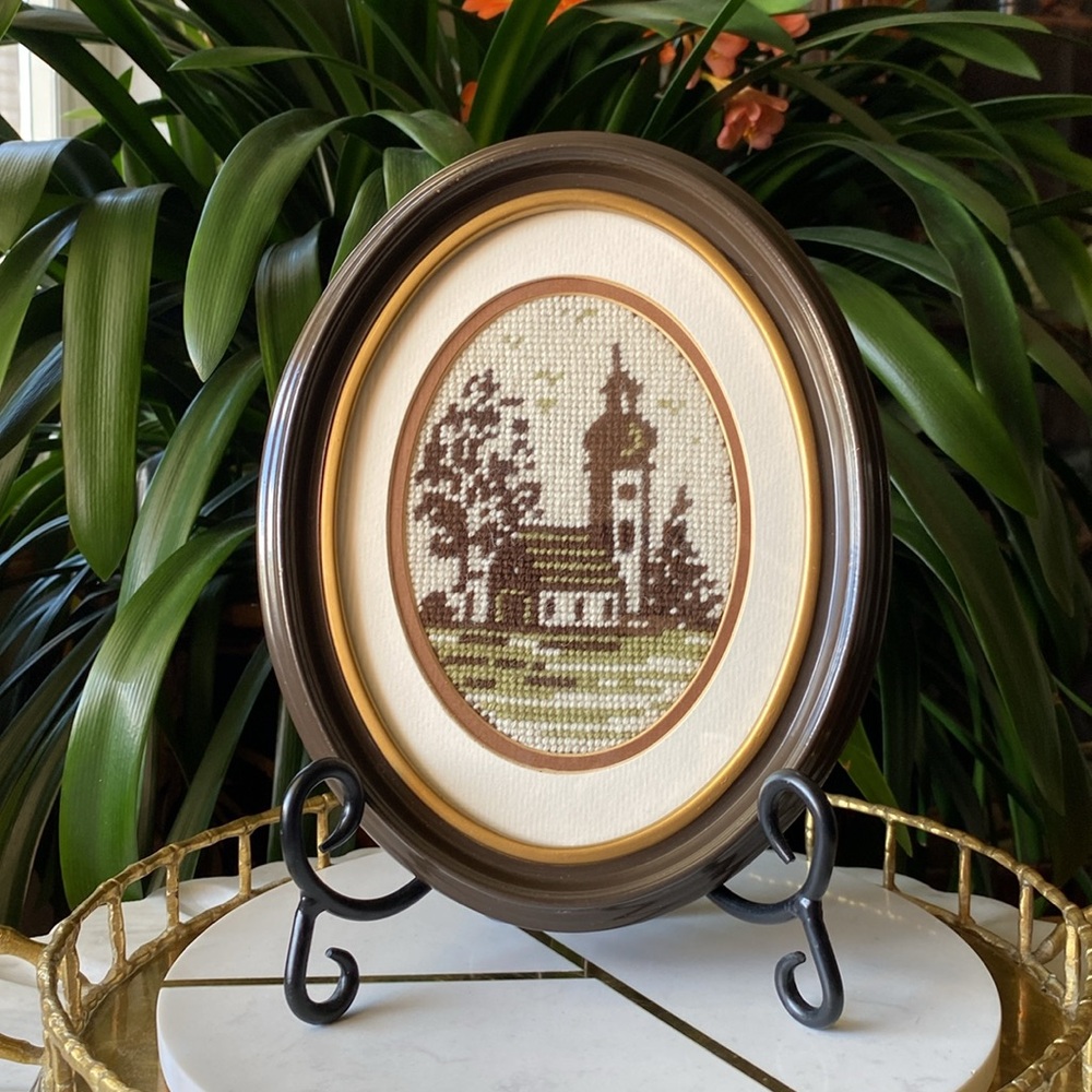 Vintage Oval Hand Cross Stitched Needlepoint Church Frame Art Wall Hanging Decor
